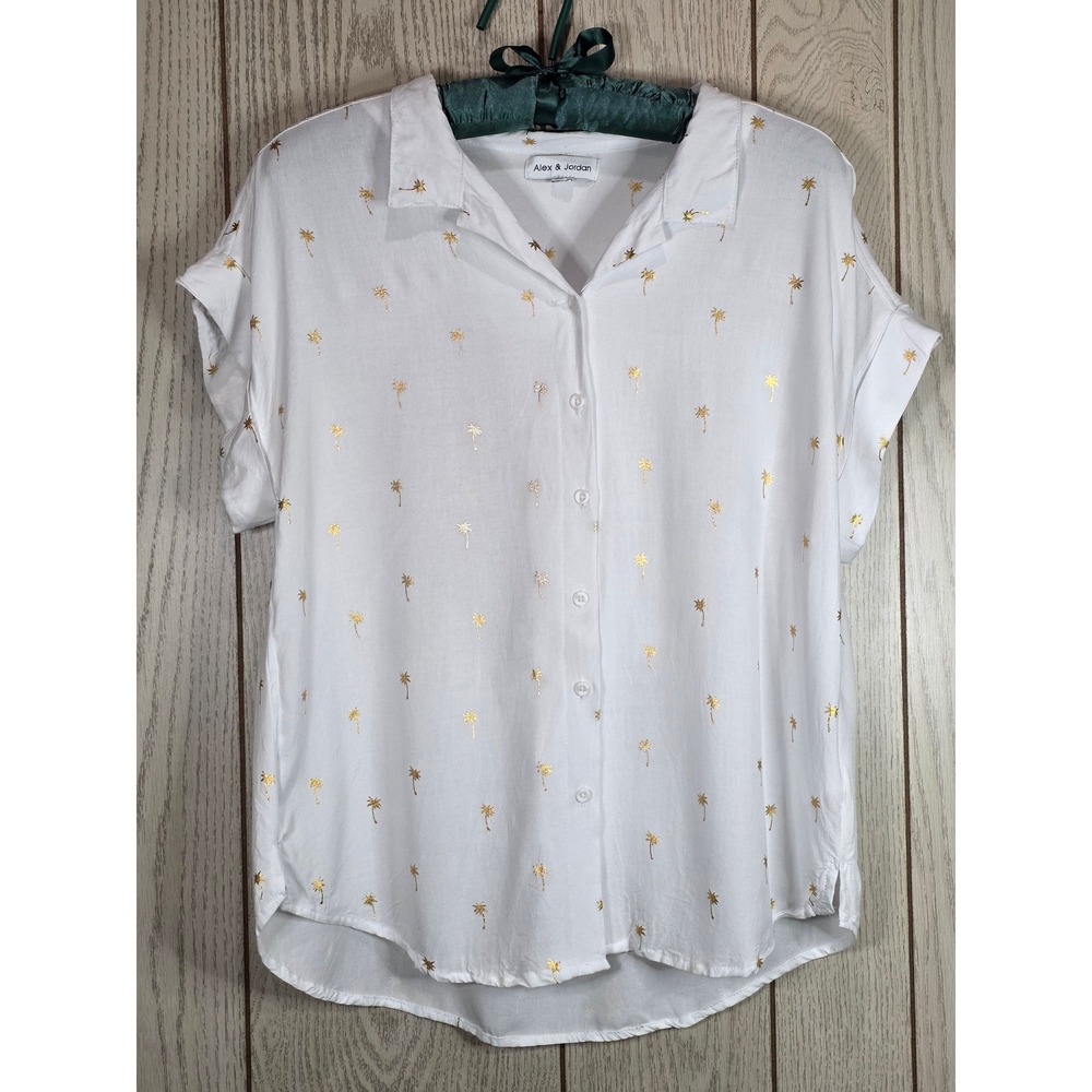 Alex & Jordan White Gold Foil Palm Tree Short Sleeve Button Down Blouse Large